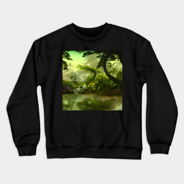 Digital Painting Scene Of a Realistic Jungle and Lake, Amazing Nature Crewneck Sweatshirt by Promen Art